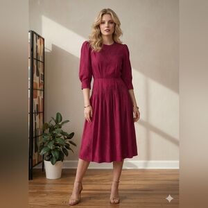 Vintage 80s Nancy Johnson Red Silk Puff Sleeve Formal Cocktail Midi Dress Size 6